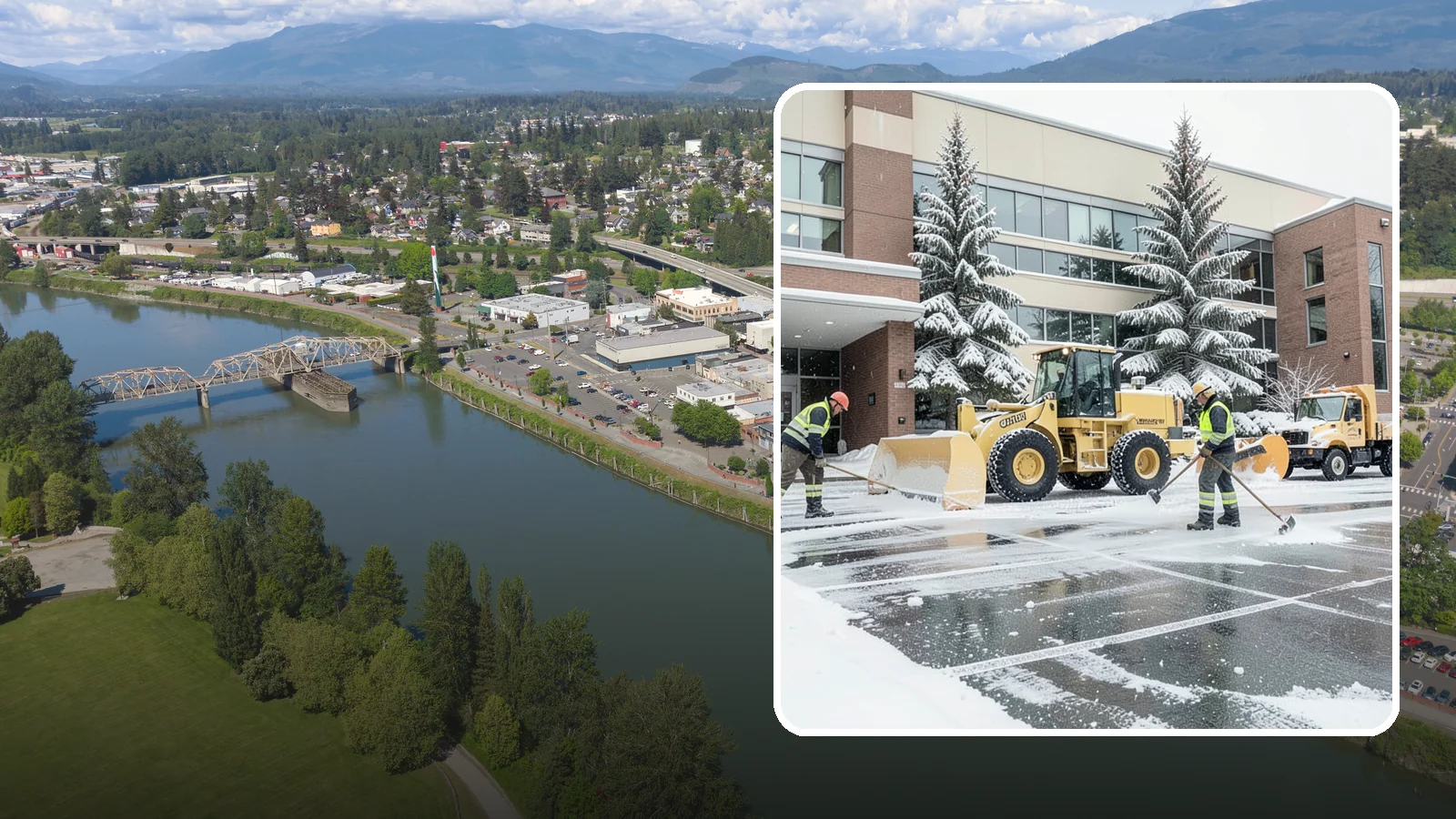 Office Building Snow Plowing in Mount Vernon, Skagit County, WA - We plow office building lots and entrances overnight so employees and clients arrive to clear, safe parking at opening.