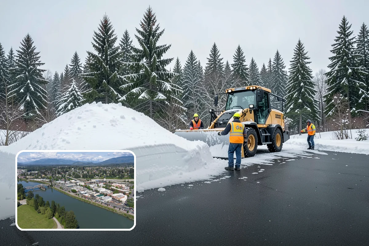 Office Building Snow Plowing in Mount Vernon, Skagit County, WA - Lots and entrances cleared before the morning arrival window