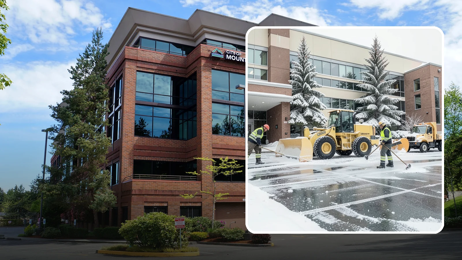 Office Building Snow Plowing in Mountlake Terrace, Snohomish County, WA - We plow office building lots and entrances overnight so employees and clients arrive to clear, safe parking at opening.