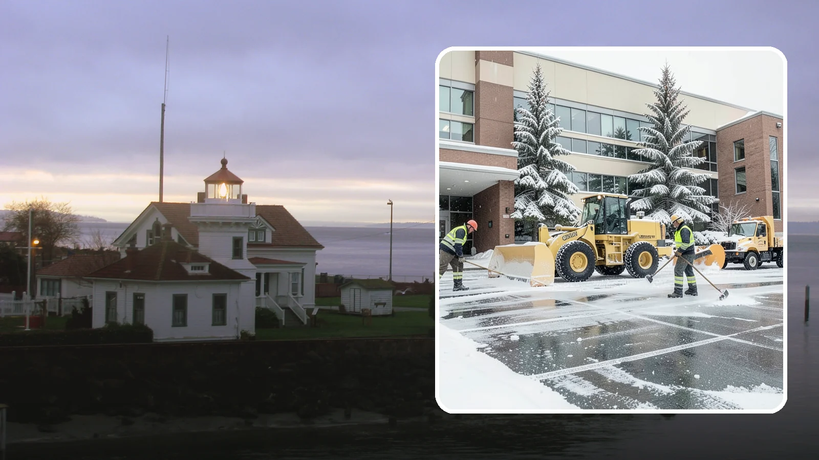 Office Building Snow Plowing in Mukilteo, Snohomish County, WA - We plow office building lots and entrances overnight so employees and clients arrive to clear, safe parking at opening.