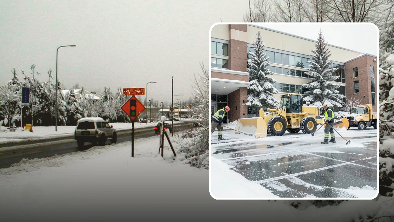 Office Building Snow Plowing in Newcastle, King County, WA - We plow office building lots and entrances overnight so employees and clients arrive to clear, safe parking at opening.