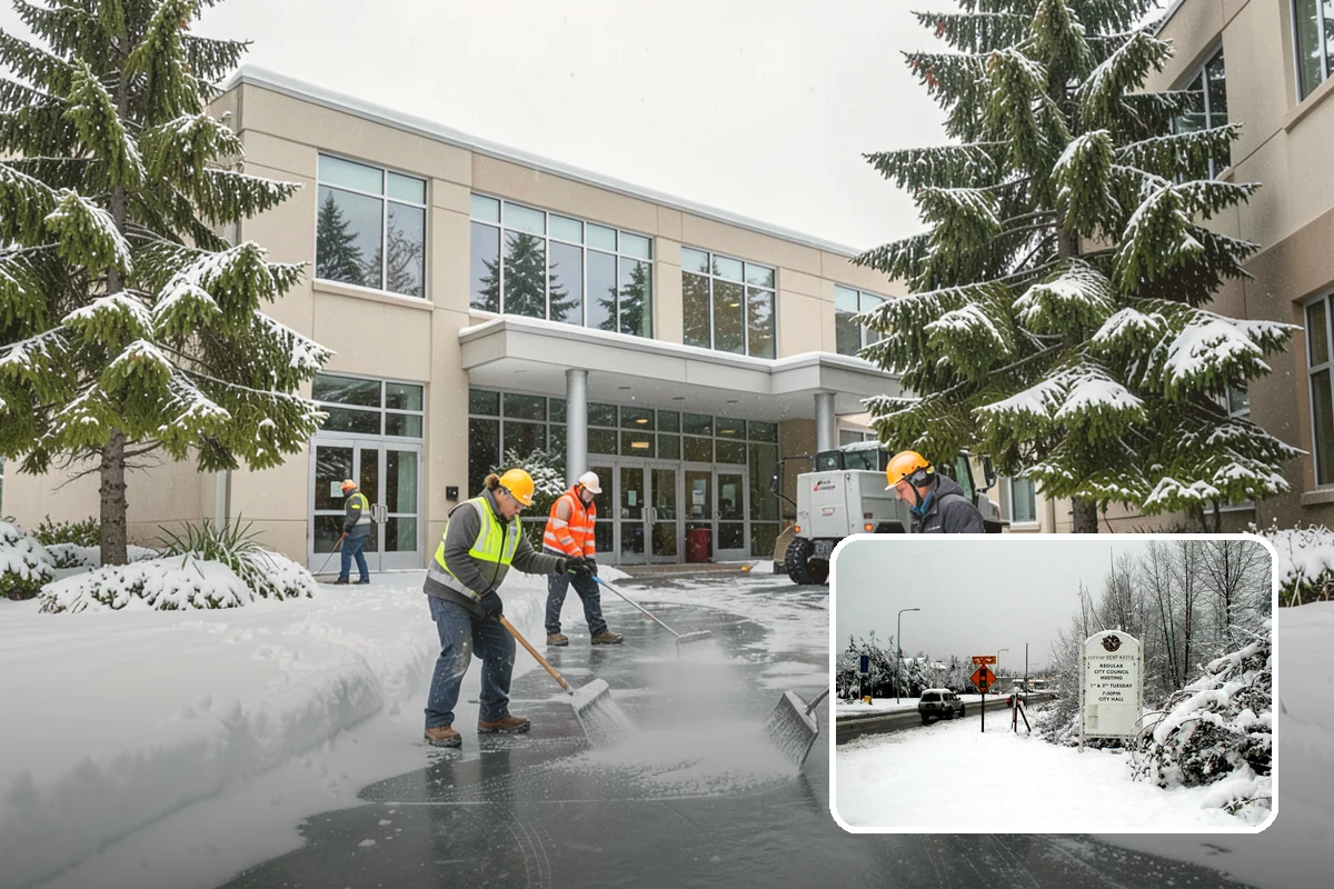 Office Building Snow Plowing in Newcastle, King County, WA - Lots and entrances cleared before the morning arrival window