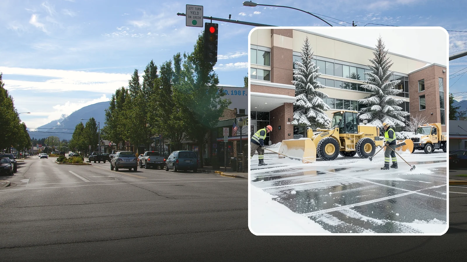 Office Building Snow Plowing in North Bend, King County, WA - We plow office building lots and entrances overnight so employees and clients arrive to clear, safe parking at opening.