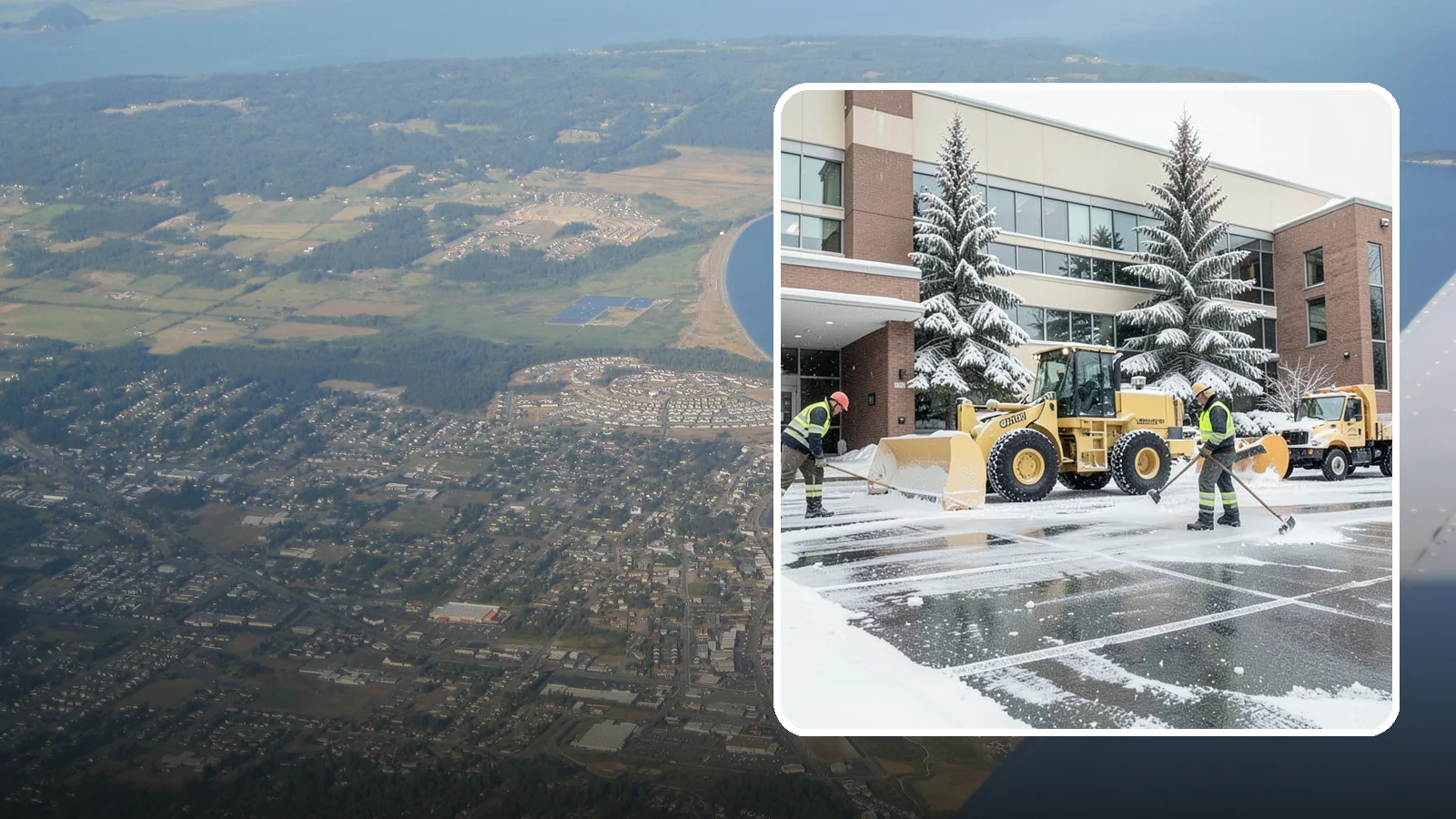 Office Building Snow Plowing in Oak Harbor, Island County, WA - We plow office building lots and entrances overnight so employees and clients arrive to clear, safe parking at opening.