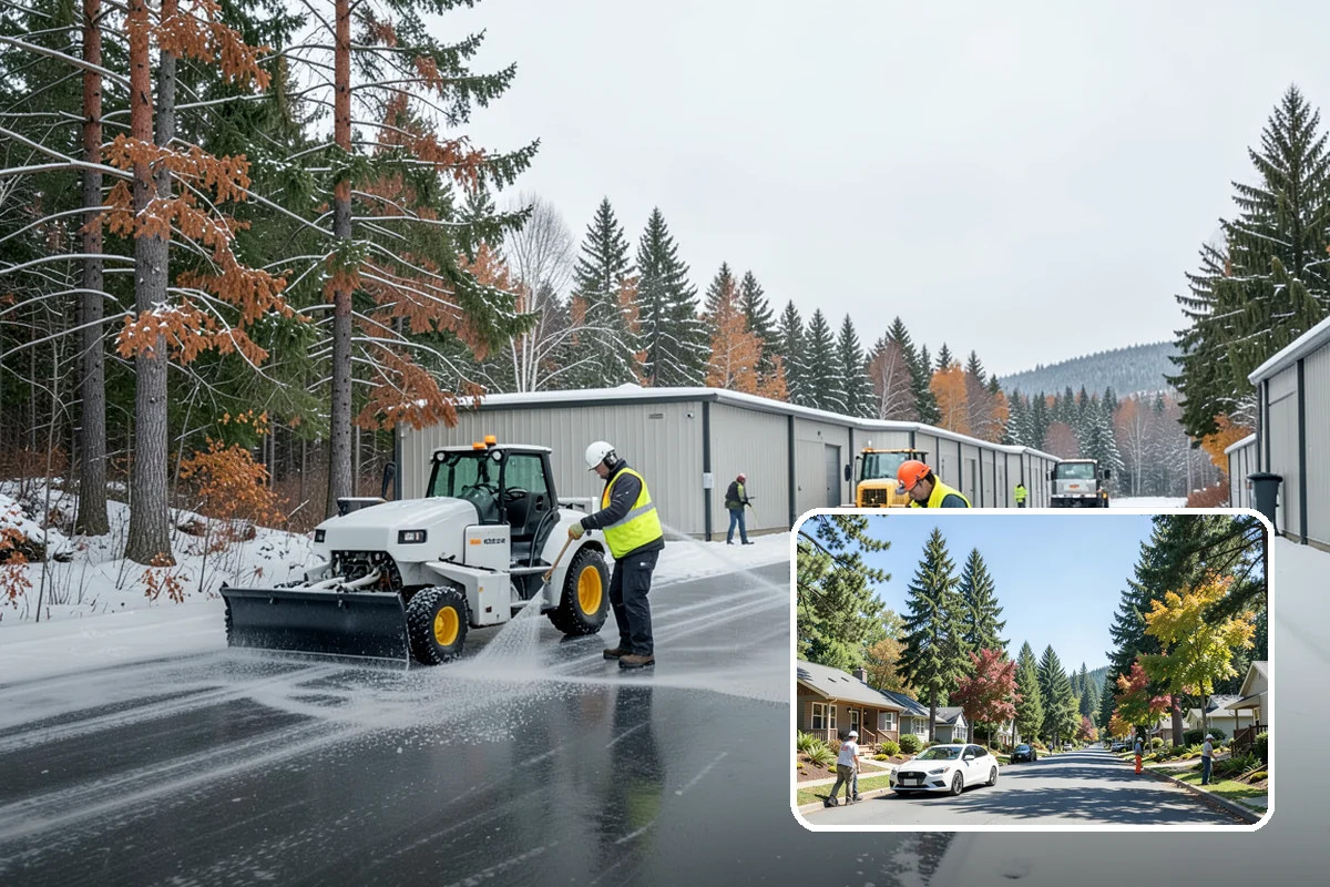 Office Building Snow Plowing in Orting, Pierce County, WA - Lots and entrances cleared before the morning arrival window