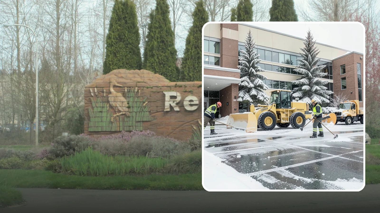 Office Building Snow Plowing in Renton, King County, WA - We plow office building lots and entrances overnight so employees and clients arrive to clear, safe parking at opening.