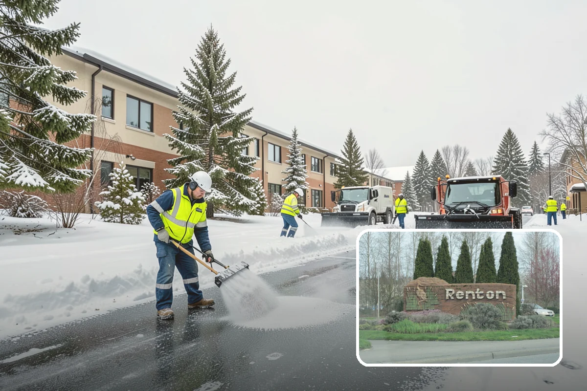 Office Building Snow Plowing in Renton, King County, WA - Lots and entrances cleared before the morning arrival window
