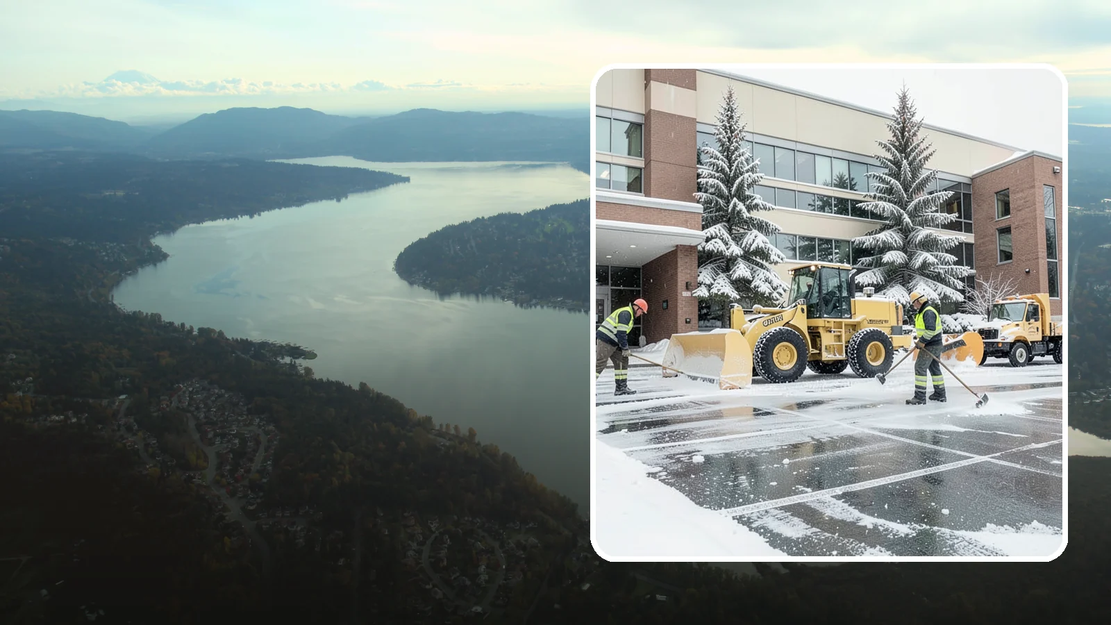 Office Building Snow Plowing in Sammamish, King County, WA - We plow office building lots and entrances overnight so employees and clients arrive to clear, safe parking at opening.