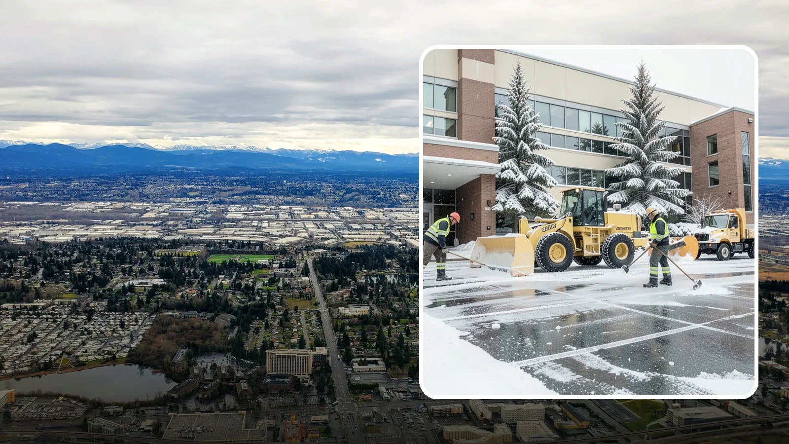 Office Building Snow Plowing in SeaTac, King County, WA - We plow office building lots and entrances overnight so employees and clients arrive to clear, safe parking at opening.