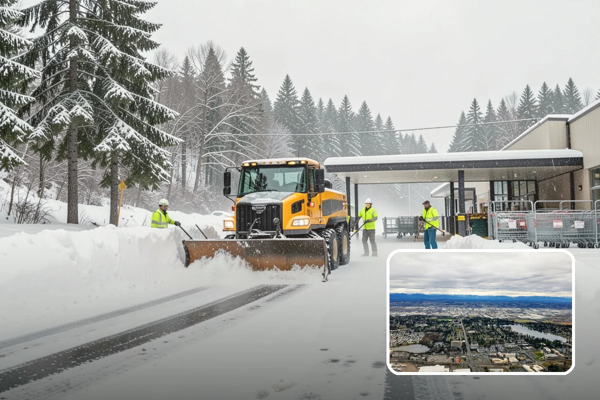 Office Building Snow Plowing in SeaTac, King County, WA - Lots and entrances cleared before the morning arrival window