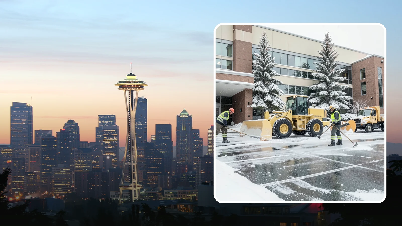 Office Building Snow Plowing in Seattle, King County, WA - We plow office building lots and entrances overnight so employees and clients arrive to clear, safe parking at opening.
