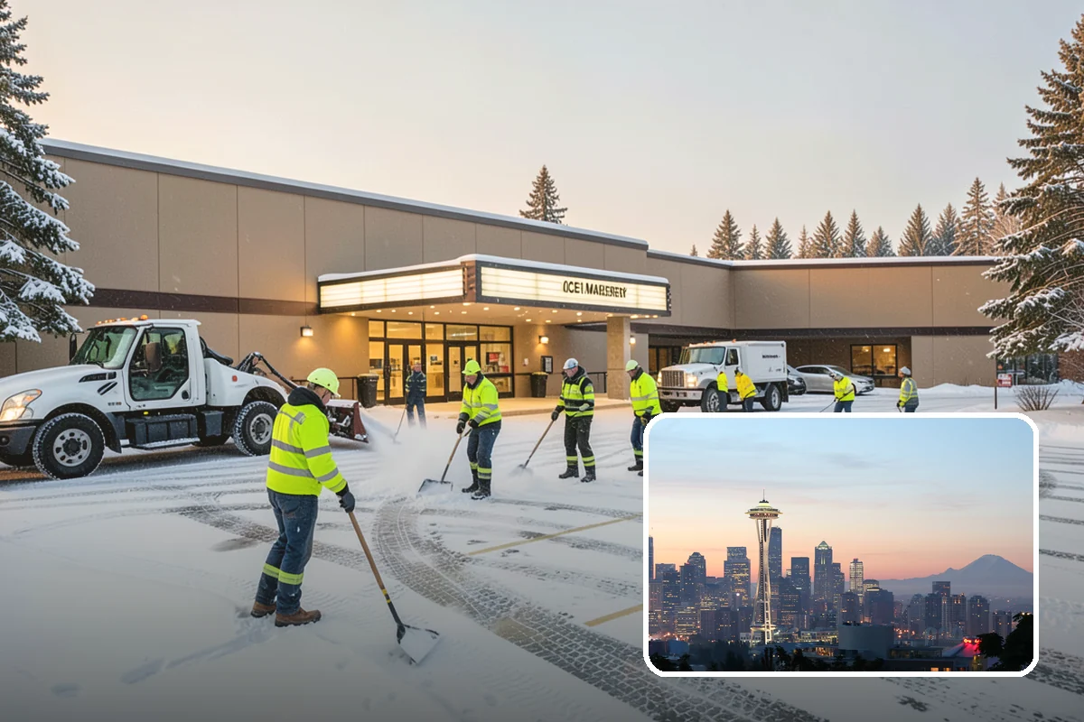 Office Building Snow Plowing in Seattle, King County, WA - Lots and entrances cleared before the morning arrival window