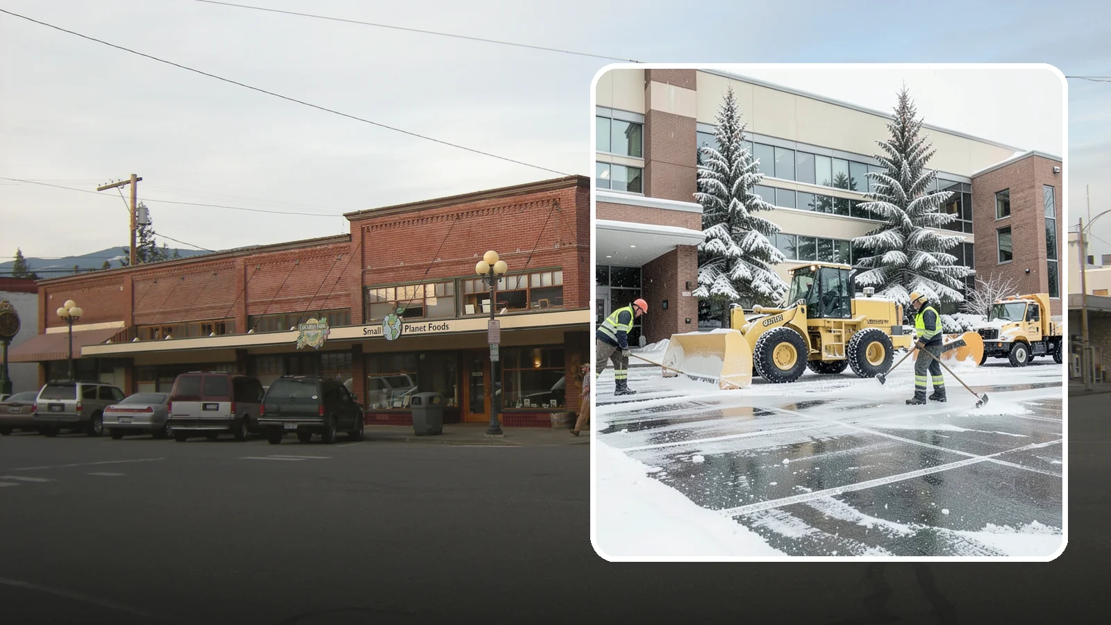Office Building Snow Plowing in Sedro-Woolley, Skagit County, WA - We plow office building lots and entrances overnight so employees and clients arrive to clear, safe parking at opening.