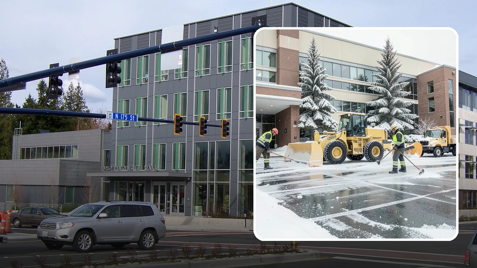 Office Building Snow Plowing in Shoreline, King County, WA - We plow office building lots and entrances overnight so employees and clients arrive to clear, safe parking at opening.