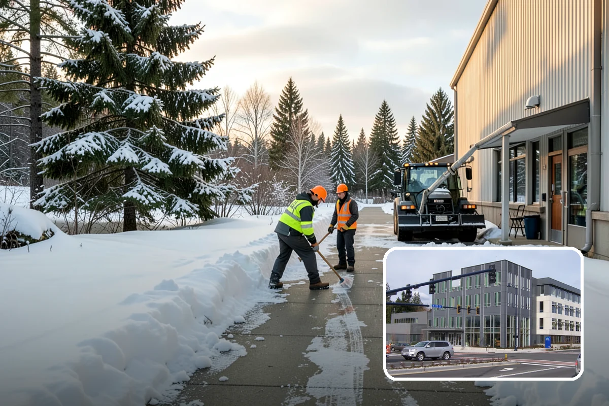 Office Building Snow Plowing in Shoreline, King County, WA - Lots and entrances cleared before the morning arrival window