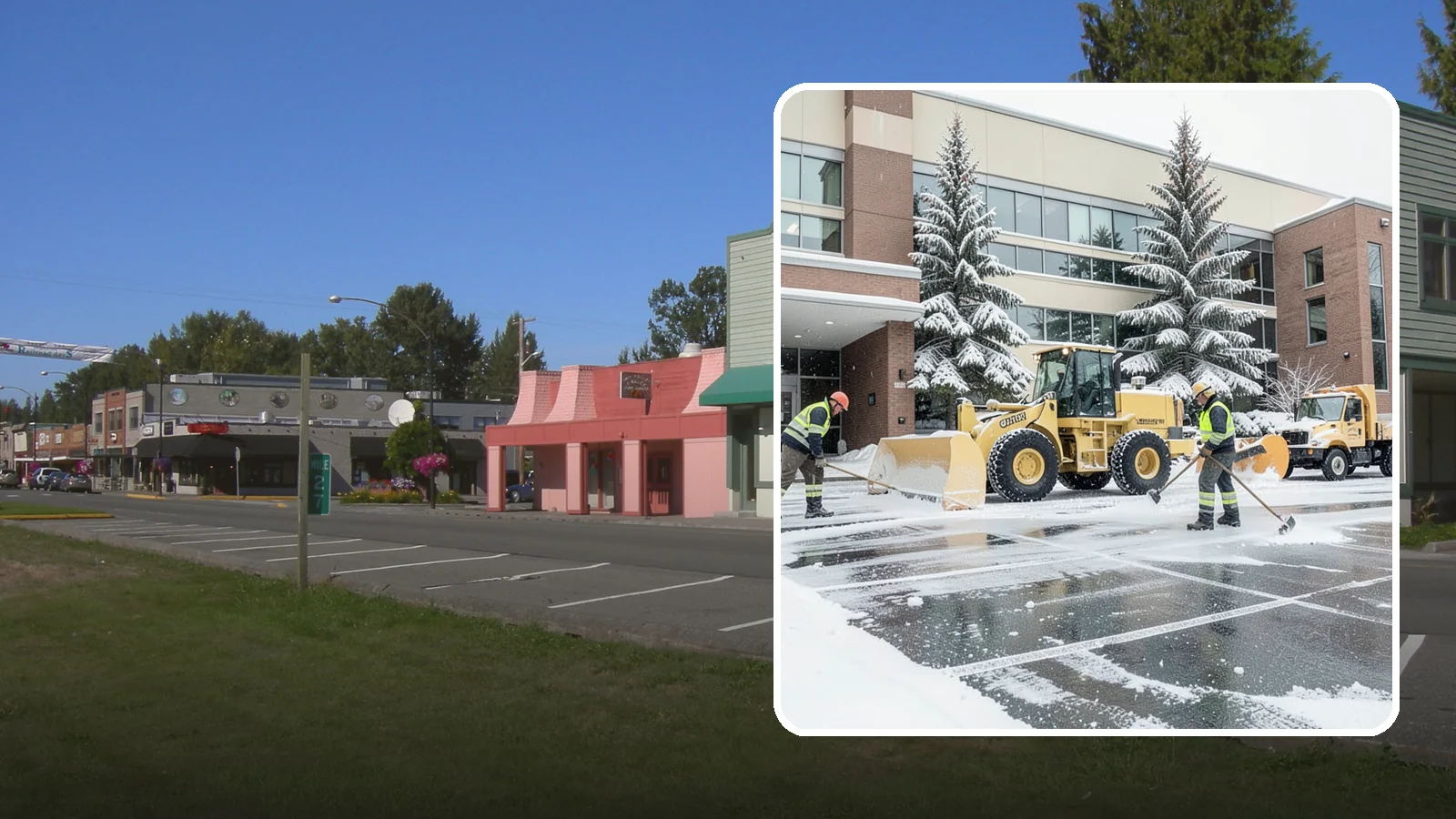 Office Building Snow Plowing in Snoqualmie, King County, WA - We plow office building lots and entrances overnight so employees and clients arrive to clear, safe parking at opening.