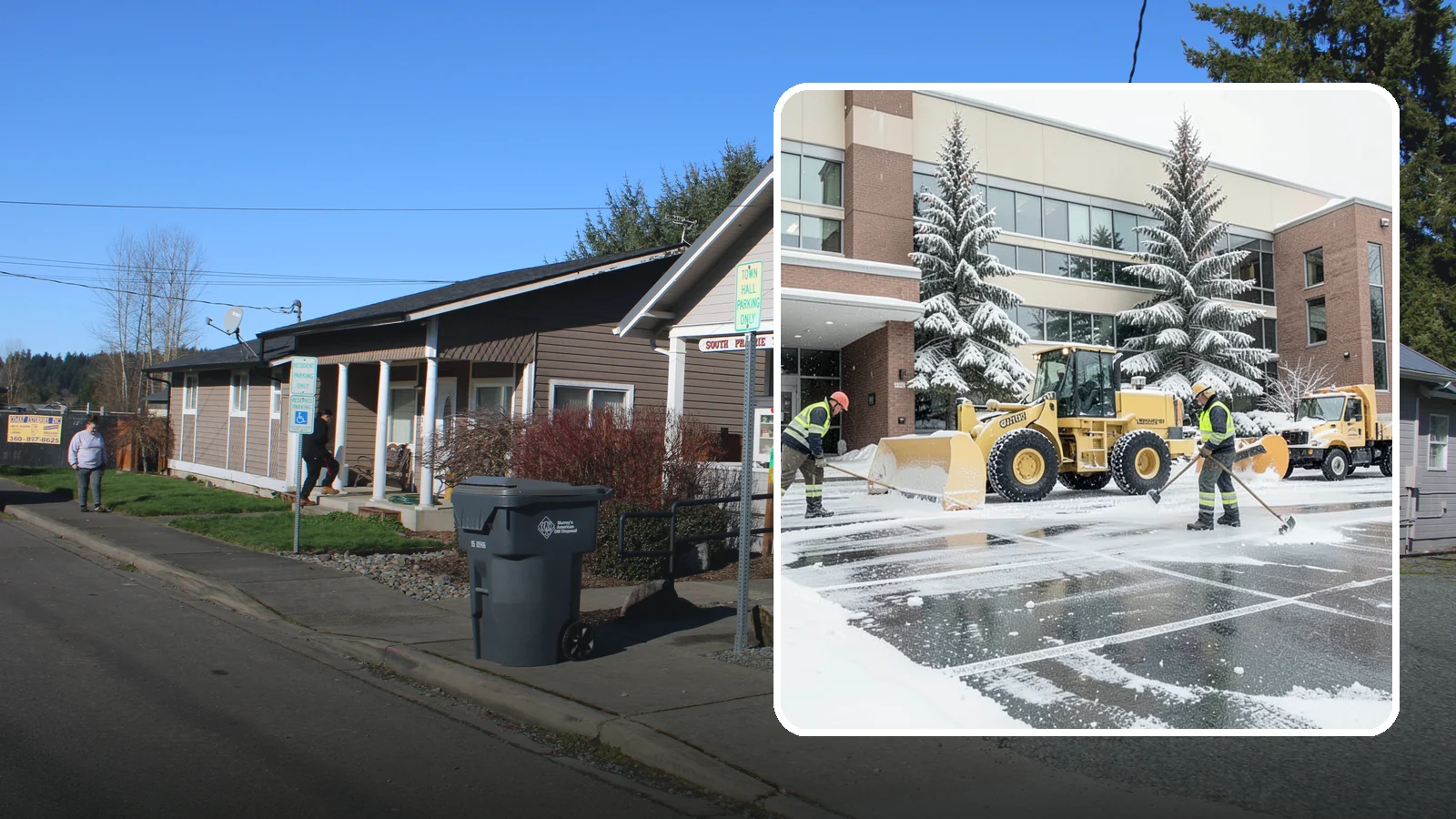 Office Building Snow Plowing in South Prairie, Pierce County, WA - We plow office building lots and entrances overnight so employees and clients arrive to clear, safe parking at opening.