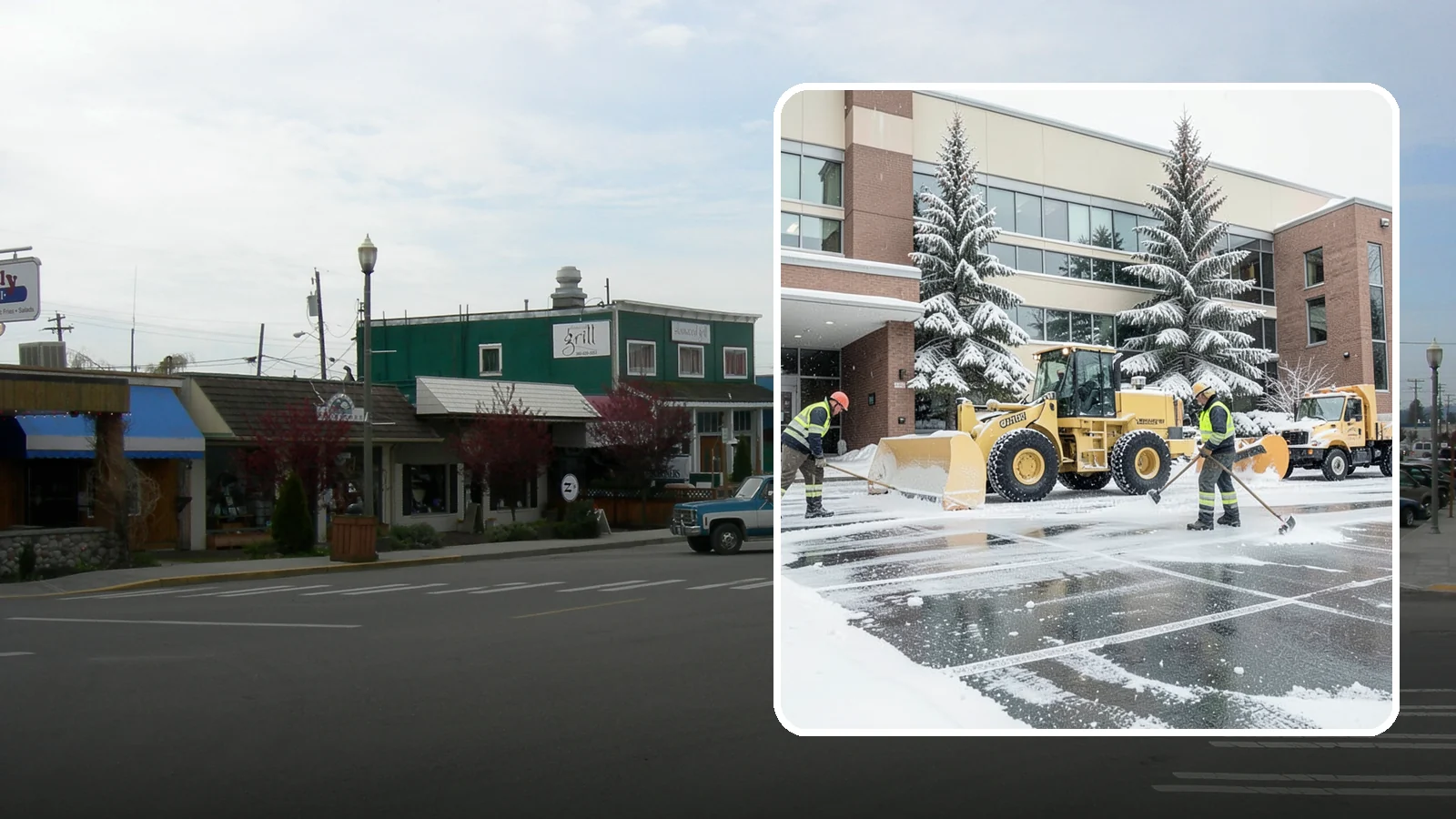 Office Building Snow Plowing in Stanwood, Snohomish County, WA - We plow office building lots and entrances overnight so employees and clients arrive to clear, safe parking at opening.