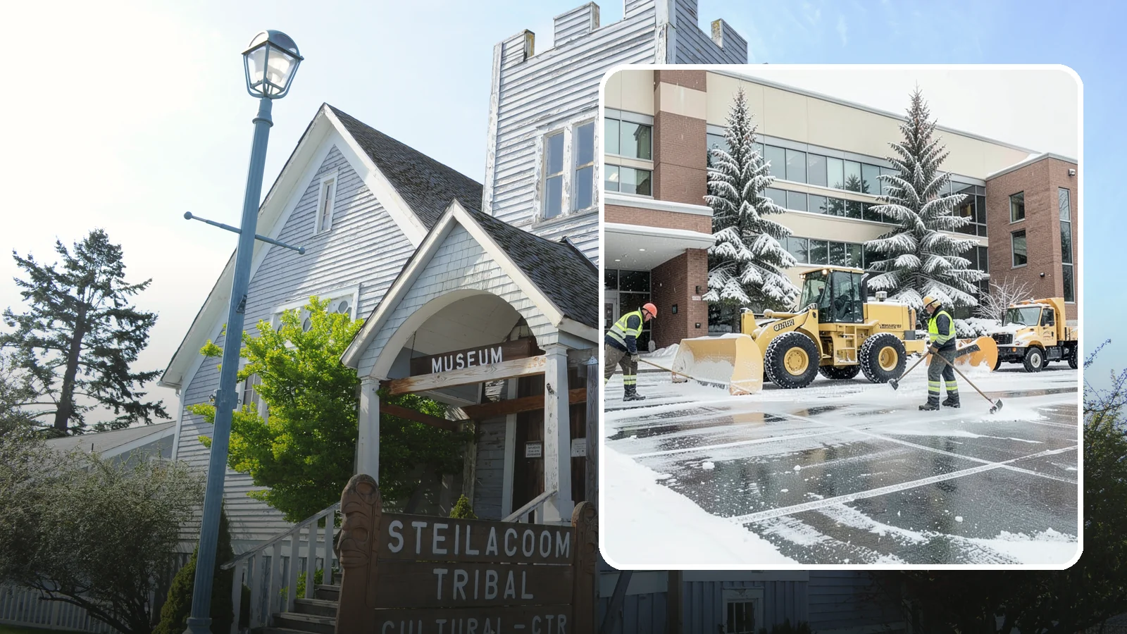 Office Building Snow Plowing in Steilacoom, Pierce County, WA - We plow office building lots and entrances overnight so employees and clients arrive to clear, safe parking at opening.