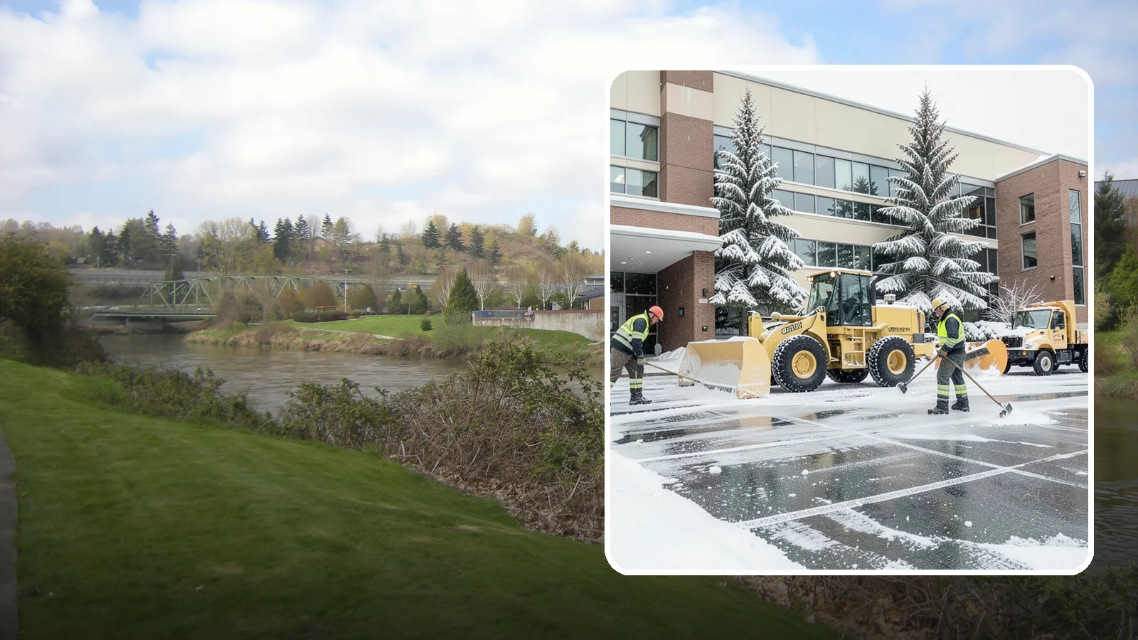 Office Building Snow Plowing in Tukwila, King County, WA - We plow office building lots and entrances overnight so employees and clients arrive to clear, safe parking at opening.
