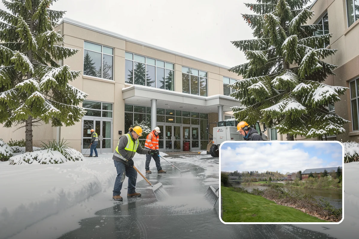 Office Building Snow Plowing in Tukwila, King County, WA - Lots and entrances cleared before the morning arrival window
