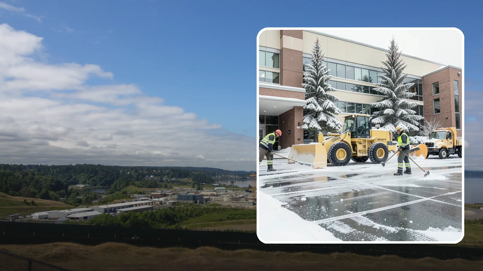 Office Building Snow Plowing in University Place, Pierce County, WA - We plow office building lots and entrances overnight so employees and clients arrive to clear, safe parking at opening.