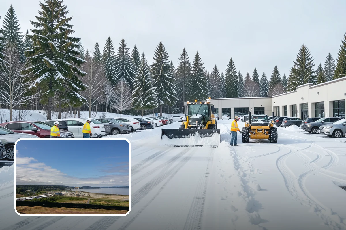 Office Building Snow Plowing in University Place, Pierce County, WA - Lots and entrances cleared before the morning arrival window