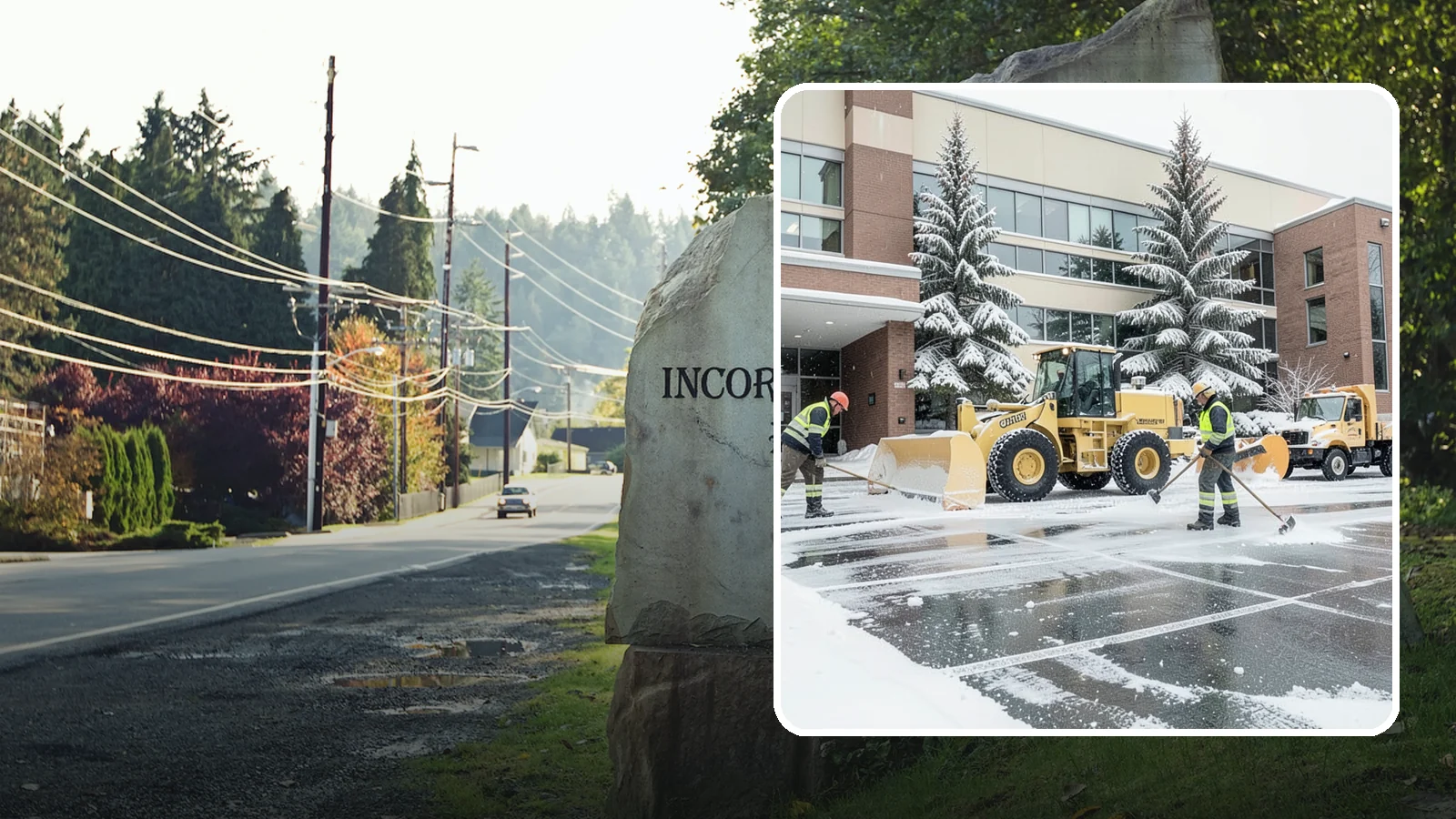 Office Building Snow Plowing in Wilkeson, Pierce County, WA - We plow office building lots and entrances overnight so employees and clients arrive to clear, safe parking at opening.