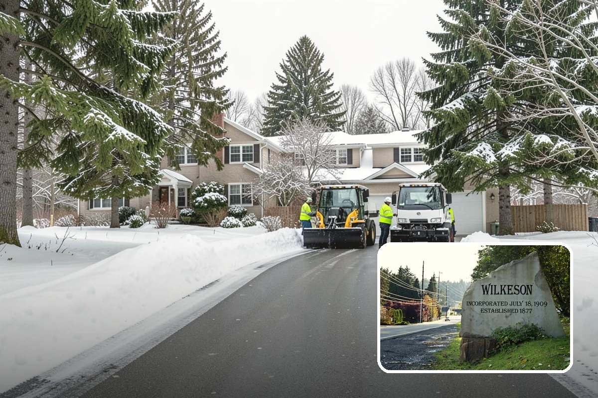 Office Building Snow Plowing in Wilkeson, Pierce County, WA - Lots and entrances cleared before the morning arrival window