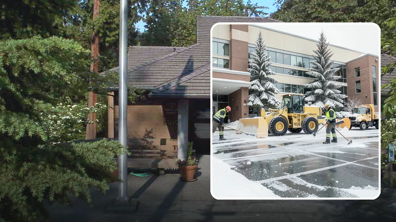 Office Building Snow Plowing in Yarrow Point, King County, WA - We plow office building lots and entrances overnight so employees and clients arrive to clear, safe parking at opening.