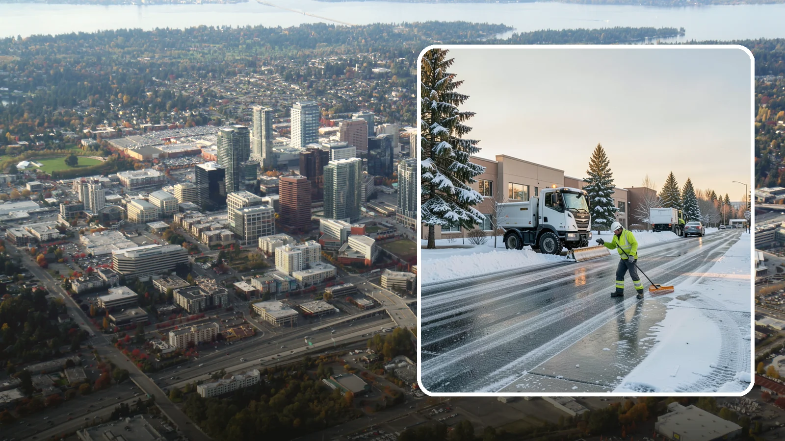 Office Park Snow Removal in Bellevue, King County, WA - Across multiple buildings and shared lots, we coordinate one seamless snow plan so every tenant's employees arrive to a cleared...