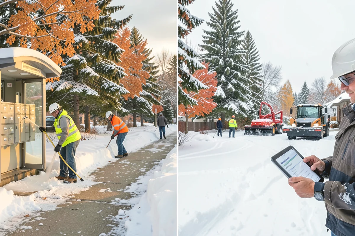 Office Park Snow Removal in Black Diamond, King County, WA - Inventory shared lots, drive aisles, and inter-building walks