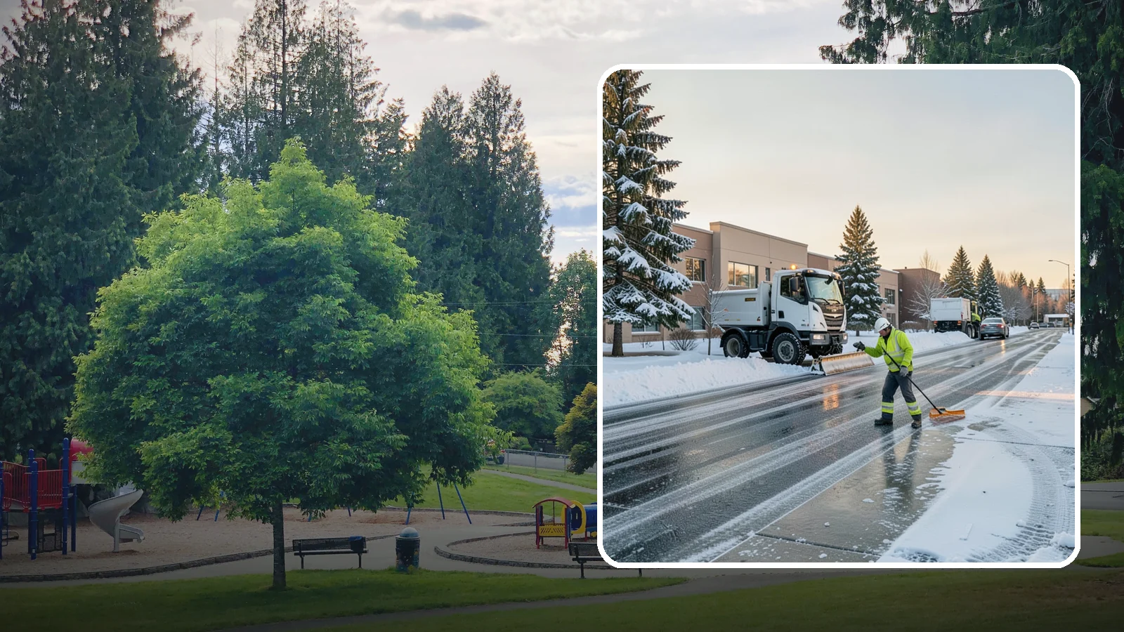 Office Park Snow Removal in Bonney Lake, Pierce County, WA - Across multiple buildings and shared lots, we coordinate one seamless snow plan so every tenant's employees arrive to a cleared...