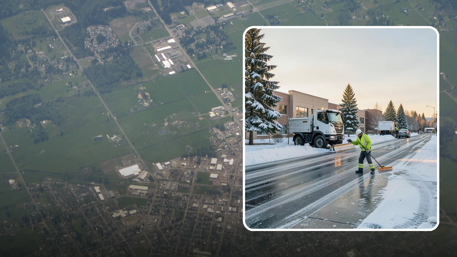 Office Park Snow Removal in Enumclaw, King County, WA - Across multiple buildings and shared lots, we coordinate one seamless snow plan so every tenant's employees arrive to a cleared...