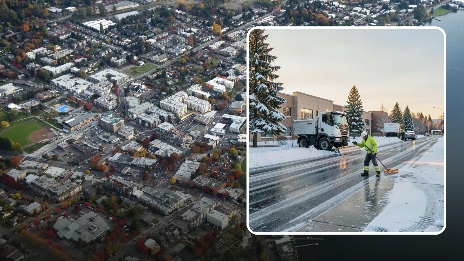 Office Park Snow Removal in Kirkland, King County, WA - Across multiple buildings and shared lots, we coordinate one seamless snow plan so every tenant's employees arrive to a cleared...