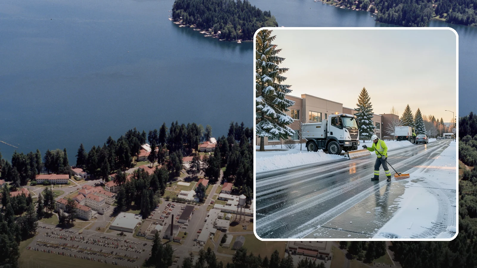 Office Park Snow Removal in Lakewood, Pierce County, WA - Across multiple buildings and shared lots, we coordinate one seamless snow plan so every tenant's employees arrive to a cleared...