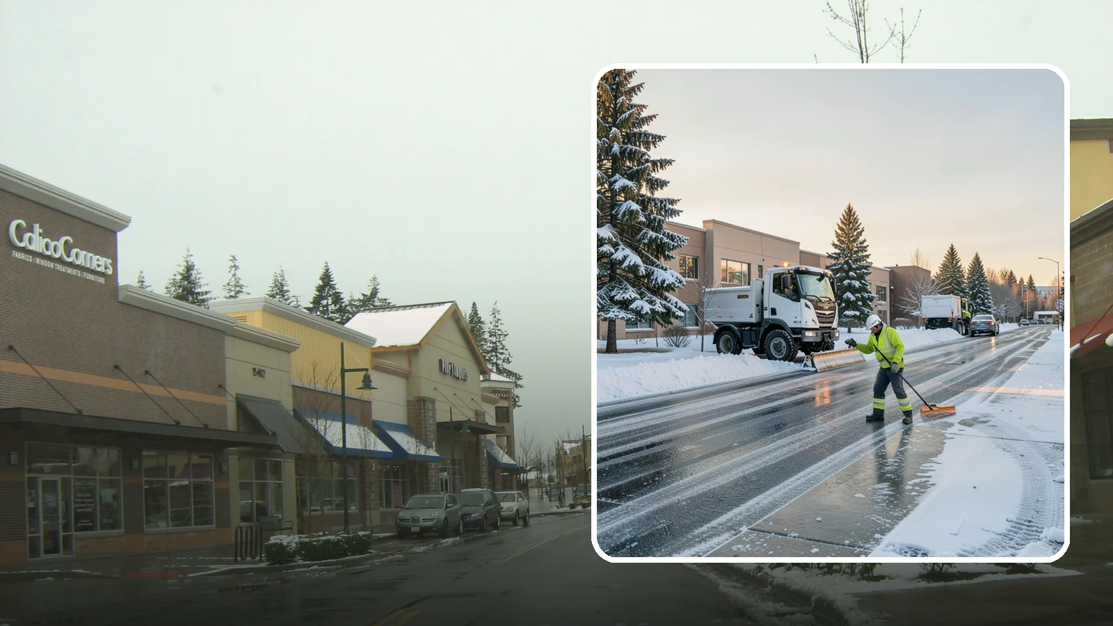 Office Park Snow Removal in Mill Creek, Snohomish County, WA - Across multiple buildings and shared lots, we coordinate one seamless snow plan so every tenant's employees arrive to a cleared...