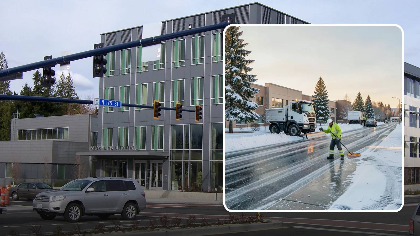 Office Park Snow Removal in Shoreline, King County, WA - Across multiple buildings and shared lots, we coordinate one seamless snow plan so every tenant's employees arrive to a cleared...