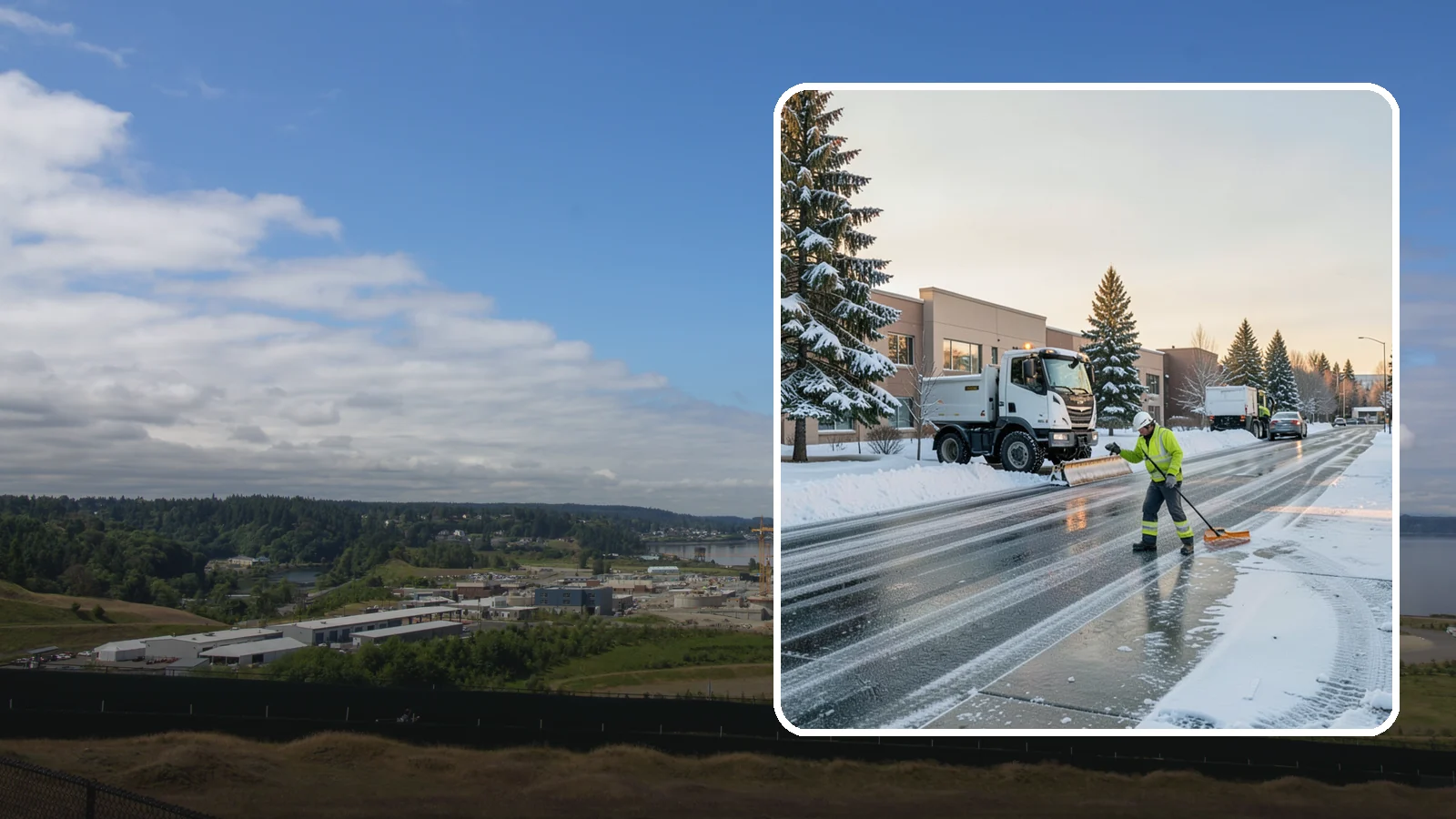 Office Park Snow Removal in University Place, Pierce County, WA - Across multiple buildings and shared lots, we coordinate one seamless snow plan so every tenant's employees arrive to a cleared...