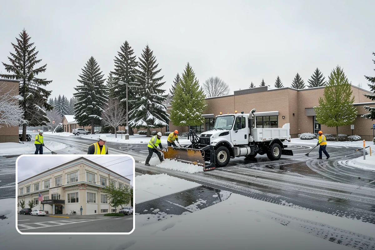 Office Parking Lot Snow Removal in Anacortes, Skagit County, WA - Early-morning clearing timed to beat the commute