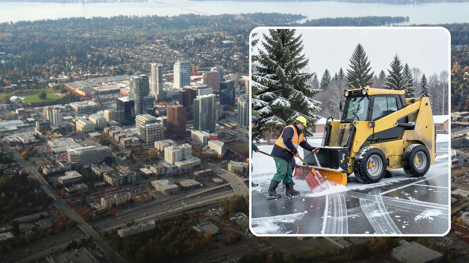 Office Parking Lot Snow Removal in Bellevue, King County, WA - Keep your office lot open and safe for arriving employees and clients when a rare Western Washington snowfall or ice event hits.