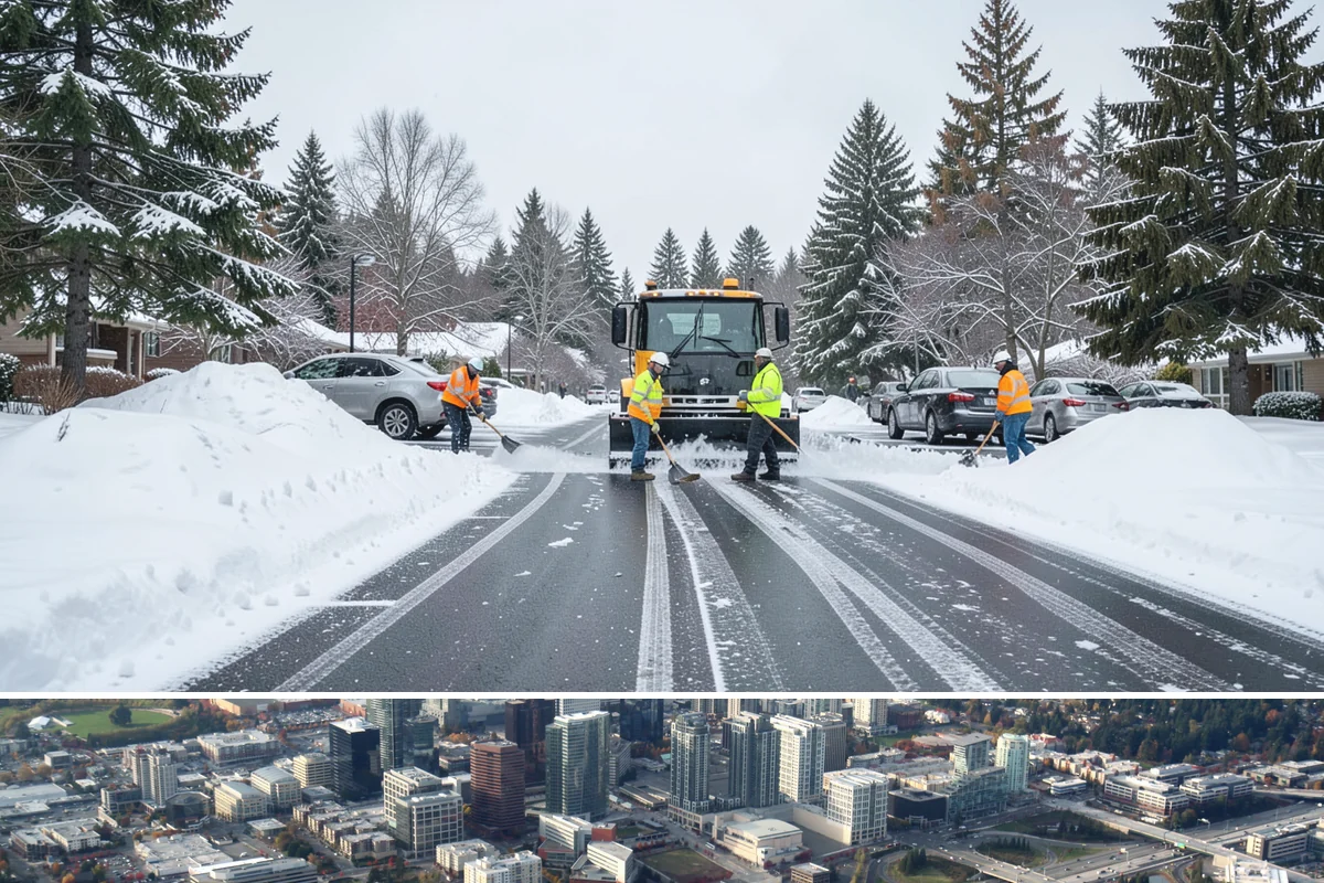 Office Parking Lot Snow Removal in Bellevue, King County, WA - Office lots need the most attention during December and January cold snaps when overnight temperatures dip below freezing after...