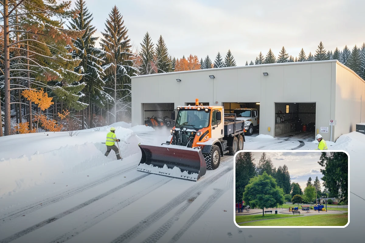 Office Parking Lot Snow Removal in Bonney Lake, Pierce County, WA - Early-morning clearing timed to beat the commute