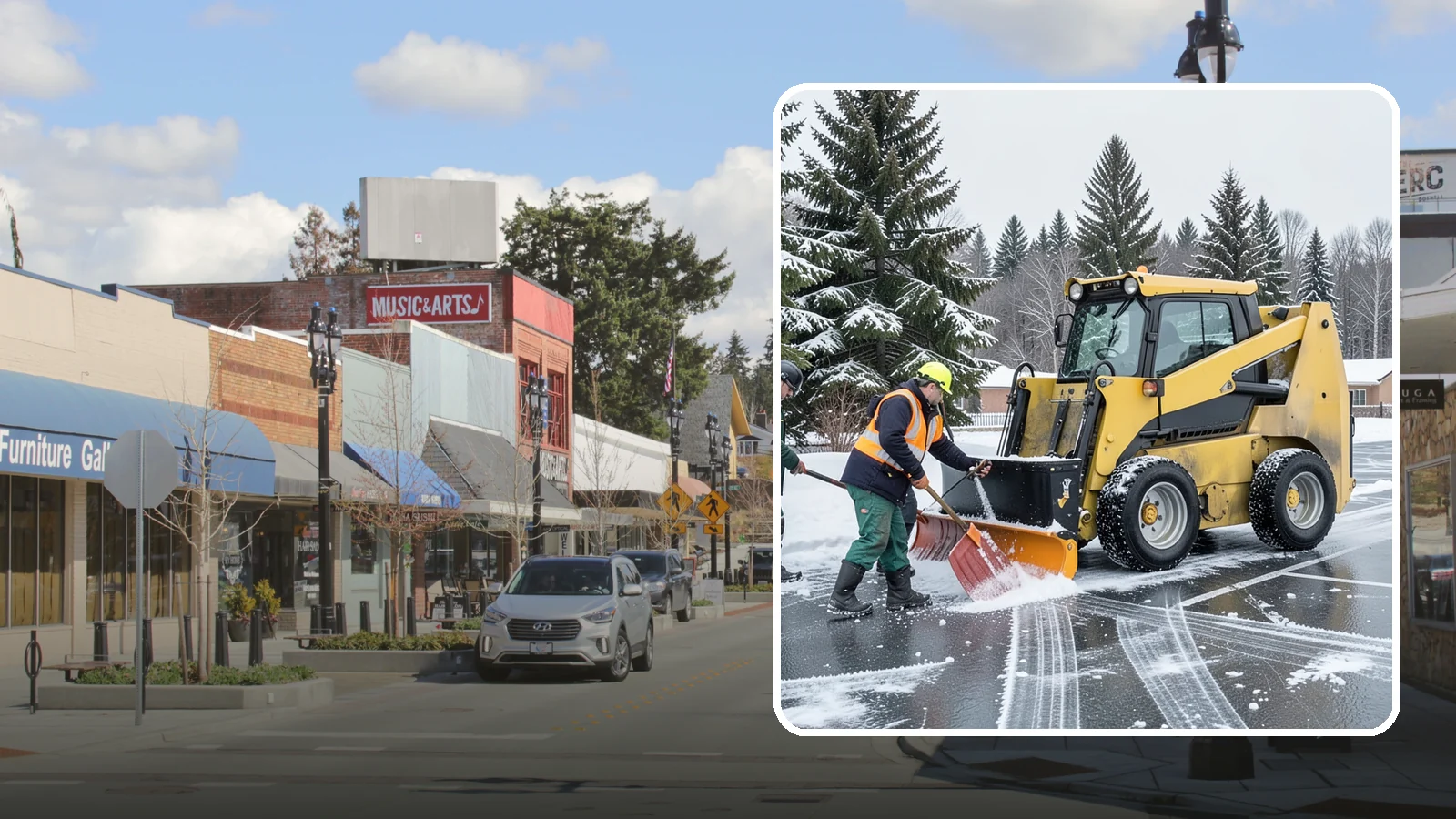 Office Parking Lot Snow Removal in Bothell, King County, WA - Keep your office lot open and safe for arriving employees and clients when a rare Western Washington snowfall or ice event hits.