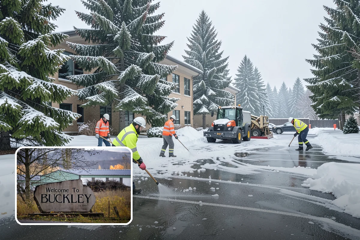 Office Parking Lot Snow Removal in Buckley, Pierce County, WA - Early-morning clearing timed to beat the commute