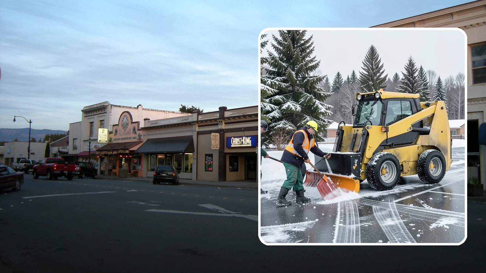 Office Parking Lot Snow Removal in Burlington, Skagit County, WA - Keep your office lot open and safe for arriving employees and clients when a rare Western Washington snowfall or ice event hits.