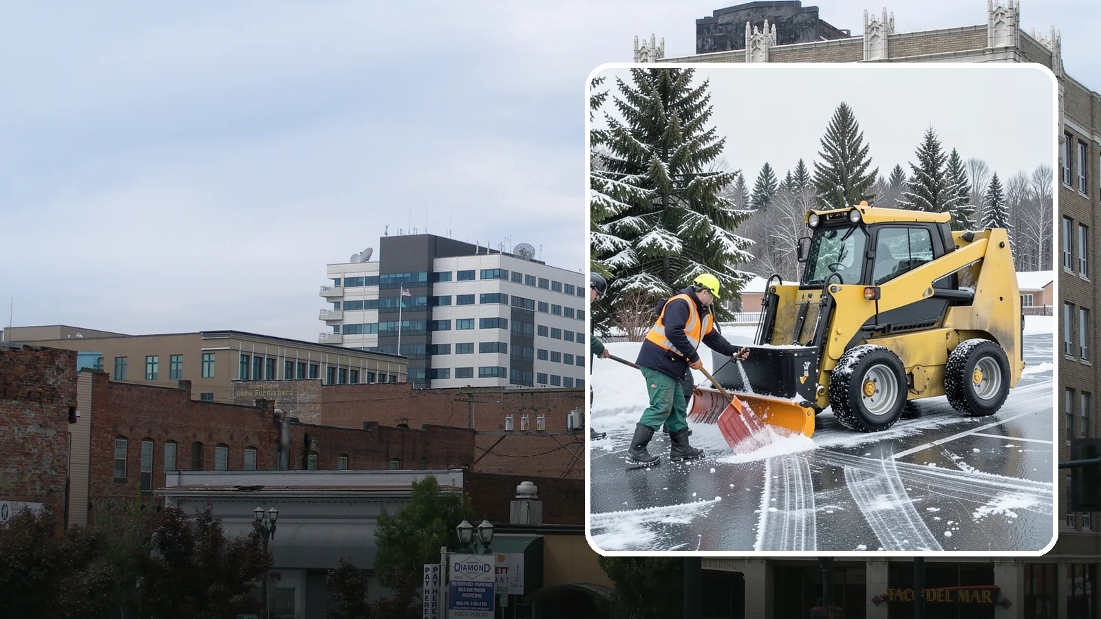 Office Parking Lot Snow Removal in Everett, Snohomish County, WA - Keep your office lot open and safe for arriving employees and clients when a rare Western Washington snowfall or ice event hits.