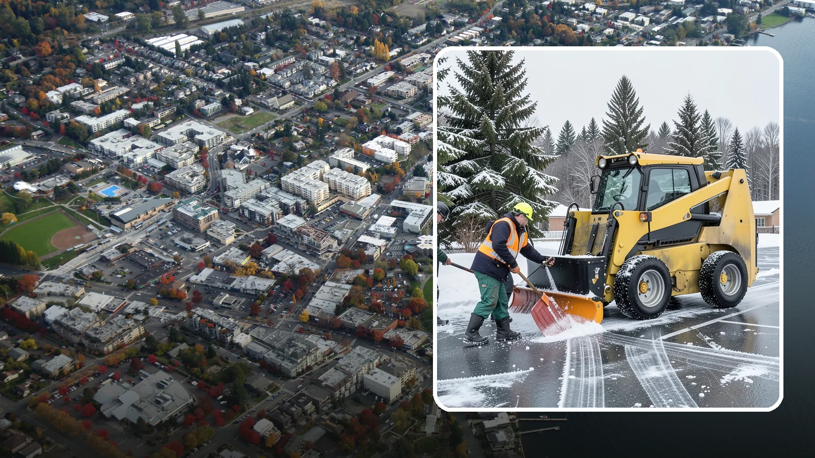 Office Parking Lot Snow Removal in Kirkland, King County, WA - Keep your office lot open and safe for arriving employees and clients when a rare Western Washington snowfall or ice event hits.