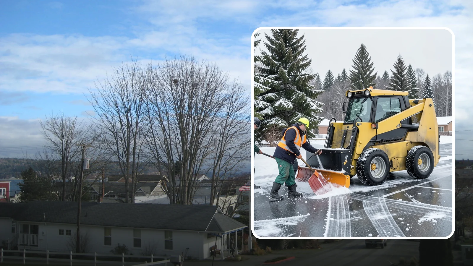 Office Parking Lot Snow Removal in Langley, Island County, WA - Keep your office lot open and safe for arriving employees and clients when a rare Western Washington snowfall or ice event hits.
