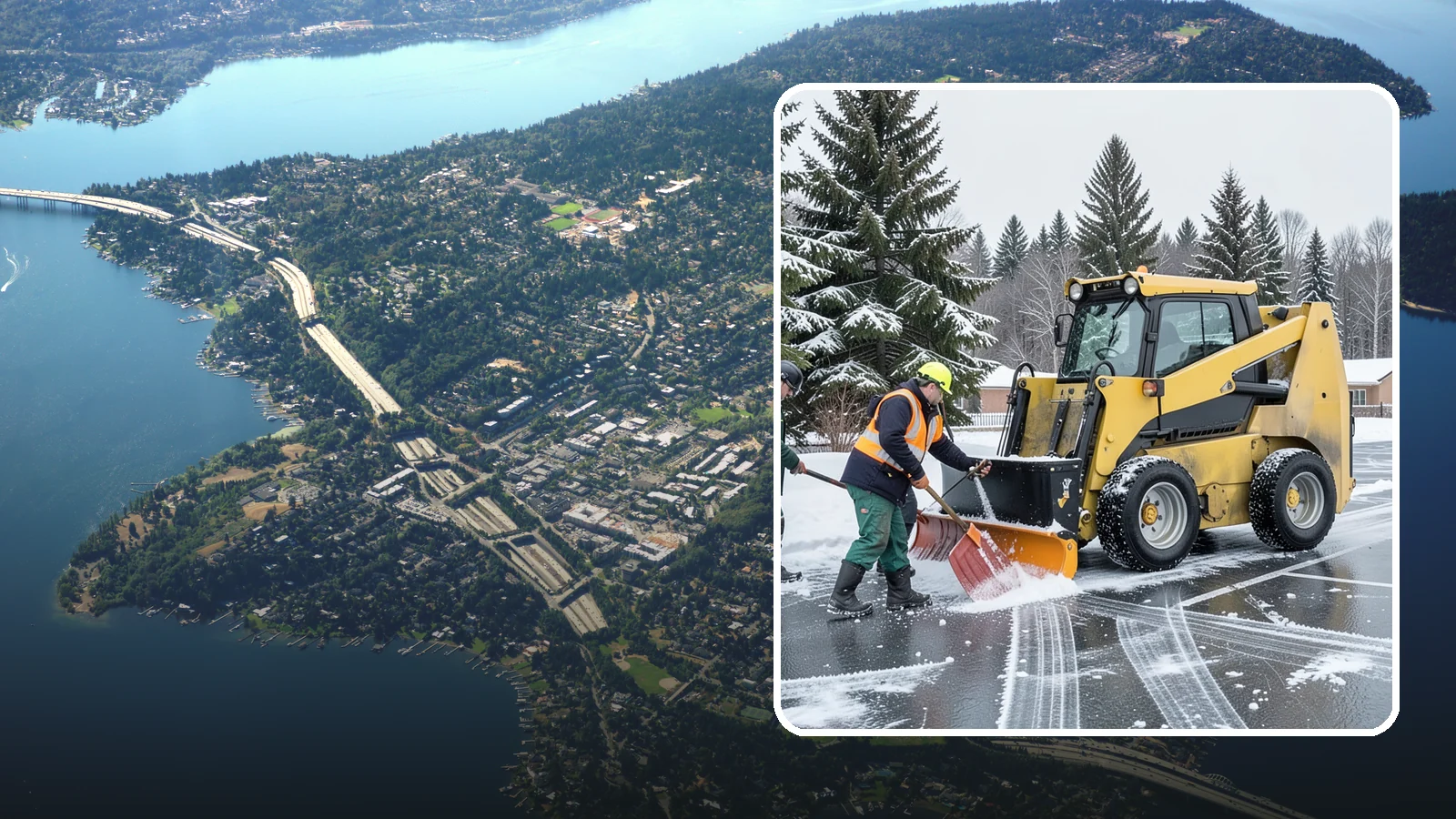 Office Parking Lot Snow Removal in Mercer Island, King County, WA - Keep your office lot open and safe for arriving employees and clients when a rare Western Washington snowfall or ice event hits.